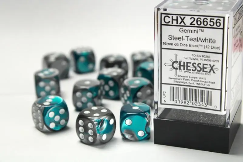 16mm D6 Dice Block (12) Steel/White