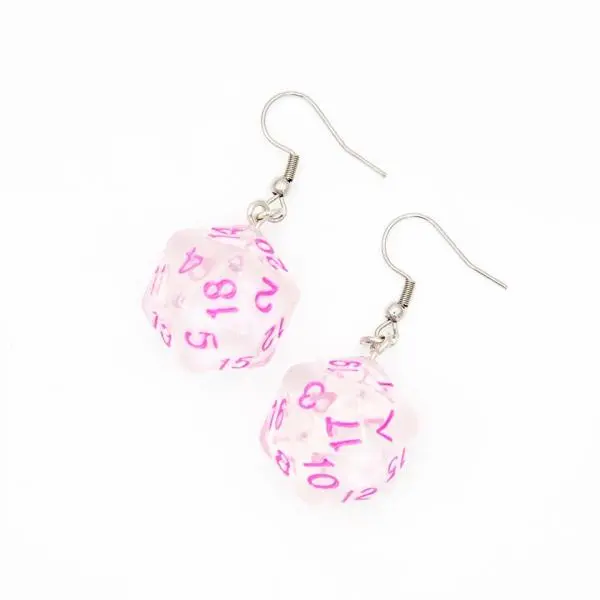 D20 Dice Earrings | Clear with Pink Font | D&D Jewelry