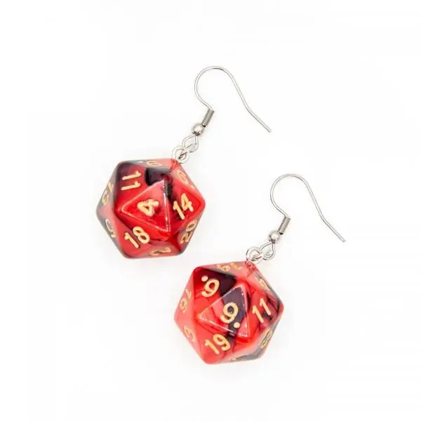 D20 Dice Earrings | Red & Black Swirl | D&D Jewelry