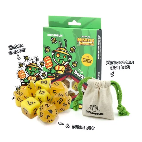 Dice Goblin Beekeeper - RPG Dice Set with Mini Dice Bag & Sticker