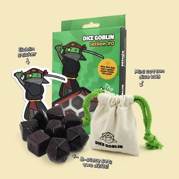 Dice Goblin The Ninja - RPG Dice Set with Mini Dice Bag & Sticker
