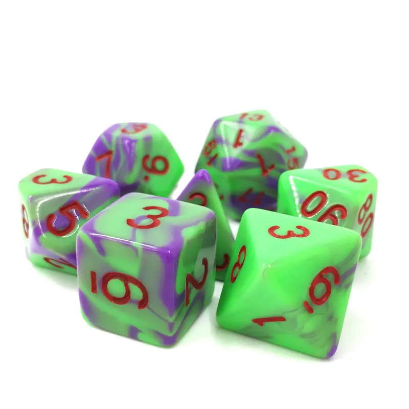 Elemental Purple/Green with Red Numbers - Poly Dice Set -EPGR1