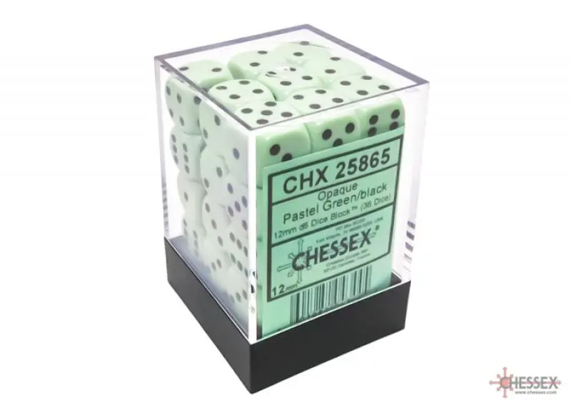 Opaque 12mm d6 Pastel Green/black Dice Block (36 dice)