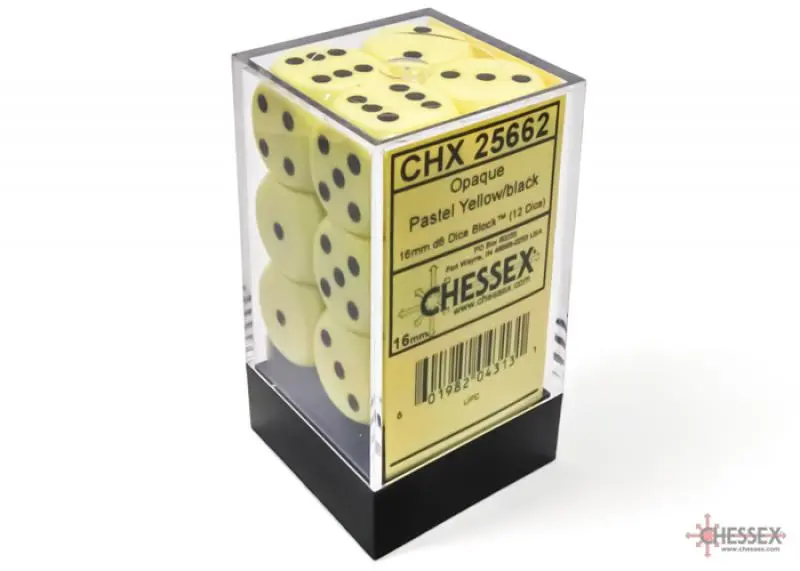 Opaque 16mm d6 Pastel Yellow/black Dice Block (12 dice)