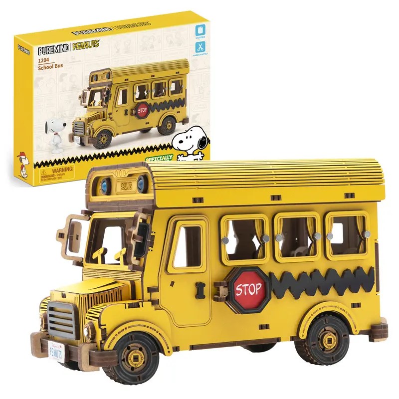 Peanuts Snoopy Yellow School Bus - Puremind Wooden Model Kit