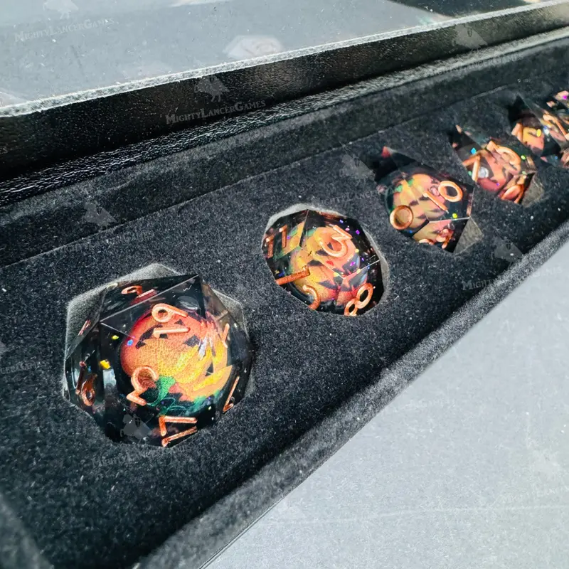 Pumpkin Liquid Core Dice in Case With Bronze Numbers