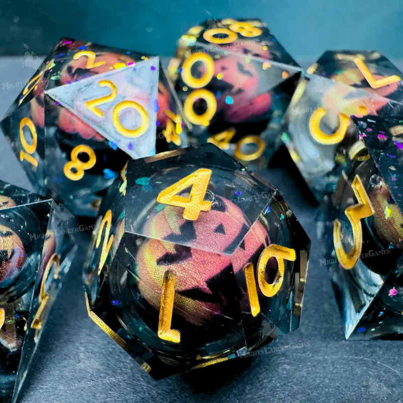 Pumpkin Liquid Core Dice in Case With Gold Numbers