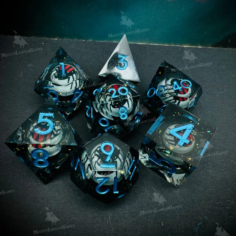 Red Spider Liquid Core Dice in Case With Blue Numbers