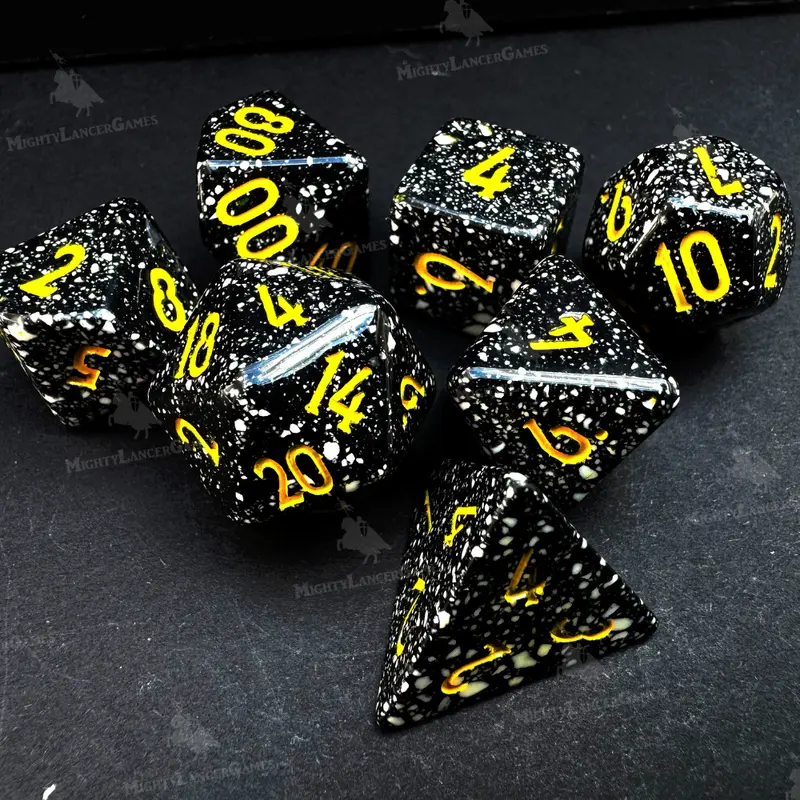 Speckled Black Dice With Yellow Numbers - Retro Poly Legend Dice