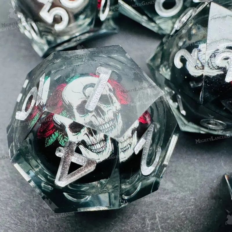 White Skull Liquid Core Dice in Case With Silver Numbers